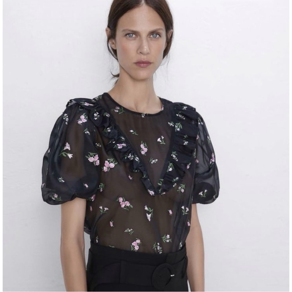 Zara Woman Black Sheer Embroidery Floral Ruffle Puff Sleeve Top SMALL Whimsigoth - Picture 3 of 9